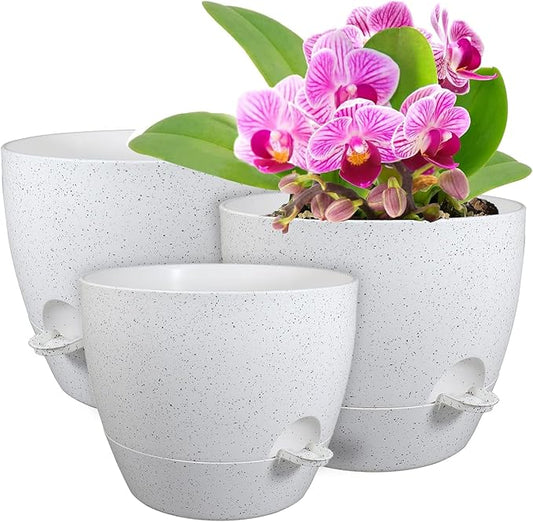 WSMKSZ 12/10/9 inch Large Self Watering Pots, Plant Pots with Mesh Drainage Holes for Indoor Outdoor Garden Plants, Flower Pots with Deep Reservoir, Set of 3 Plastic Planters, Specked White