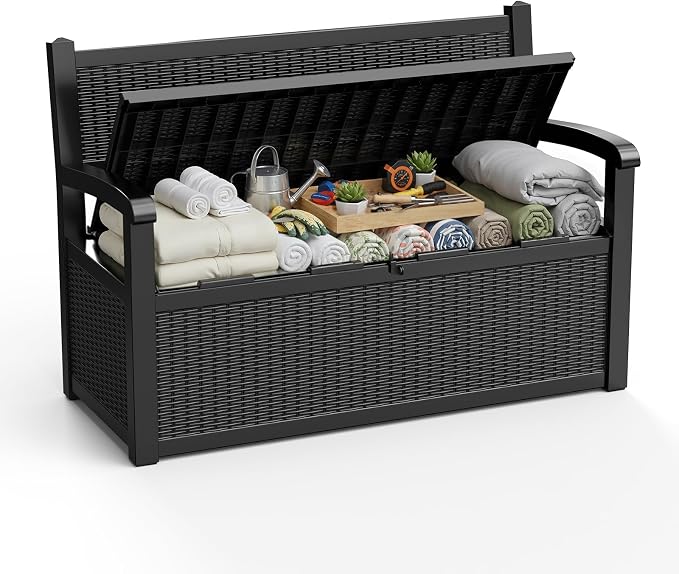 ROJIK 80 Gallon Storage Bench Deck Box Outdoor with Armrests, Resin Storage Furniture Waterproof Lockable for Porch Patio and Garden,Sturdy and Durable, Black