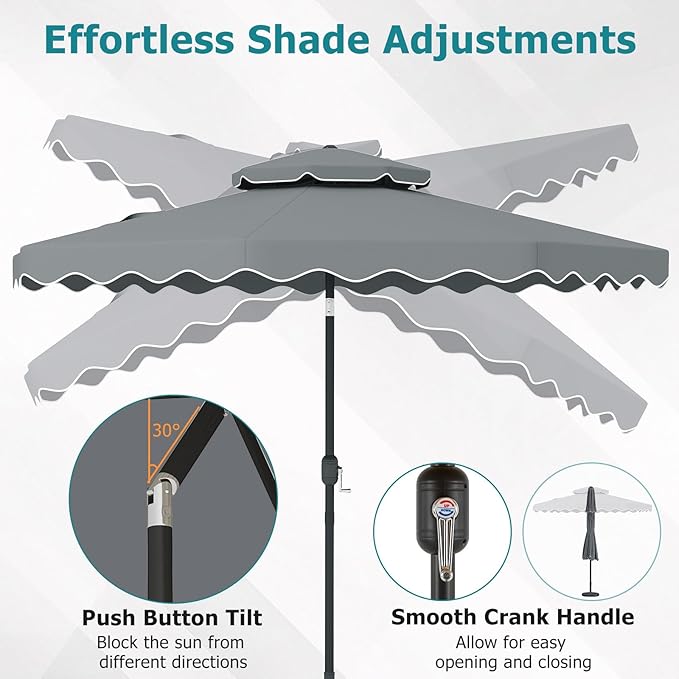 Happygrill 9 FT Patio Umbrella, Scalloped Outdoor Table Market Umbrella with Push Button Tilt & Crank, 2-Tier Vented Top, Heavy-Duty 8 Metal Ribs, Sun-Protective Canopy, Ruffle for Deck Pool Garden (Gray)