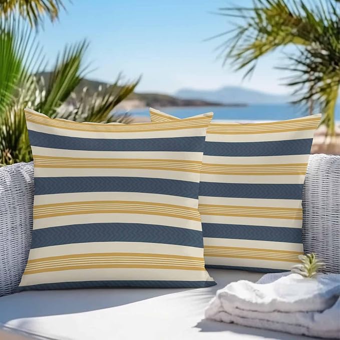 Vandarllin Outdoor Throw Pillows Covers 16x16 inch Set of 2 Waterproof Navy Blue Stripes Lines Decorative Zippered Cushion Covers for Patio Furniture, Yellow Classic Striped Lumbar Pillowcases