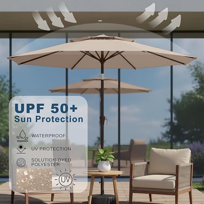 9ft 2-Tiers Patio Umbrella,Outdoor Market Table Umbrella with Push-Button Tilt & Crank | UV Protection,Suit for Backyard,Garden,Pool,Deck(Beige)