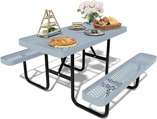 Picnic Tables for Outdoors,Commercial Metal Picnic Table Bench Set with Umbrella Hole,School Canteen Tables W/Seats - Heavy Duty Sturdy Picnic Tables Furniture for Patio Garden (Grey, 4FT)