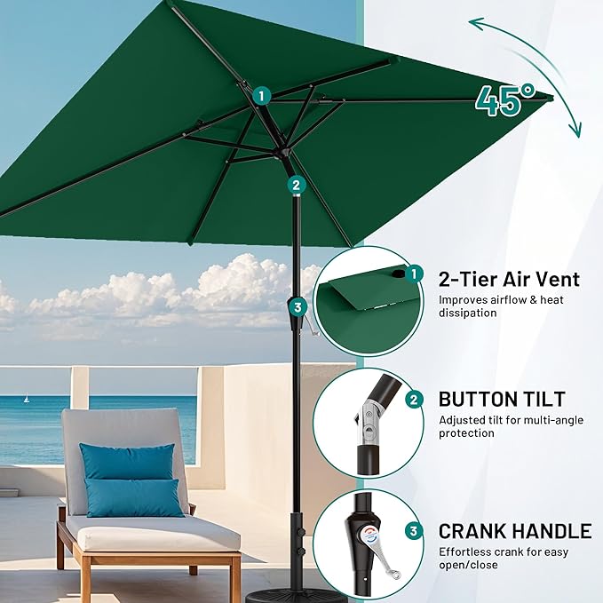 AreShark 6.5'x10' 2 Tiers Rectangular Patio Umbrella - Outdoor Umbrella Waterproof UV Protection, Market Table Umbrella w/Push Button Tilt for Pool, Lawn, Balcony(Dark Green)