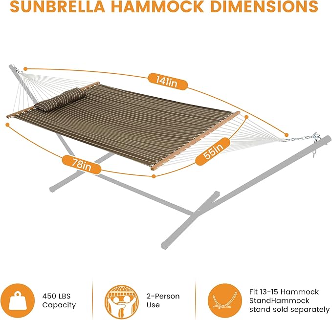 Lazy Daze Hammocks 12 FT Sunbrella Fabric Hammock not Fading with Spreader Bars and Free Pillow Fits for 2 Persons, All Weather and Fade Resistant for Patio Yard, 450 lbs Capacity, Harwood Cocoa