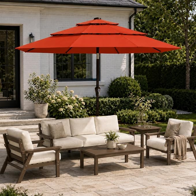 10ft Patio Umbrella, 3-Tier Vented Outdoor Table Umbrella with 8 Sturdy Fiberglass Ribs, Windproof Market Umbrella with Push Button Tilt and Crank, UV Protection for Deck, Pool, Terracotta