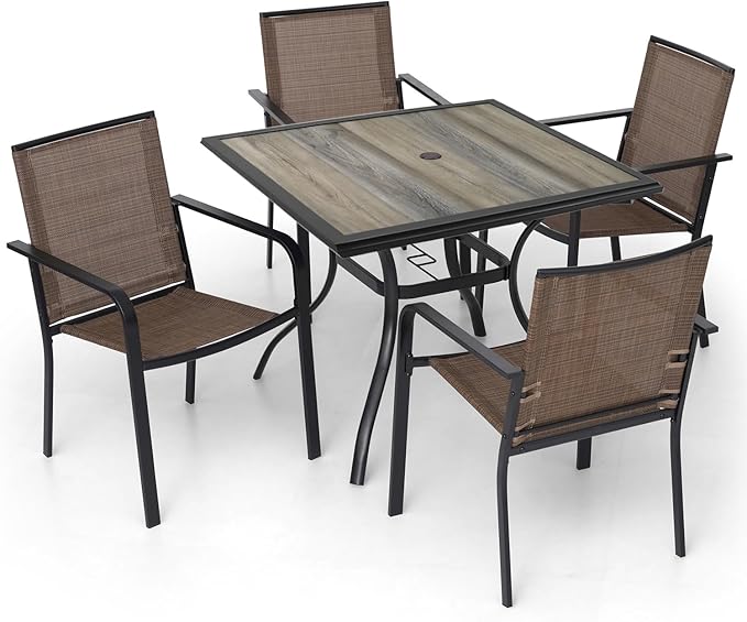 Anmutig 5 Piece Patio Furniture Set with 37" Square Dining Table and Brown Tan Stackable Chairs for Outdoor