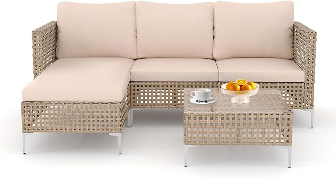 Patio Furniture Set, Small Outdoor Couch with Glass Coffee Table&Thick Cushion, Wicker L-Shaped Patio Couch, All-Weather PE Rattan Conversation Set for Garden, Poolside(3pcs Yellow&Beige)