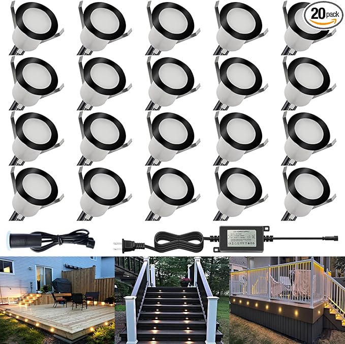 LED Outdoor Deck Lights Kits with Photocell, Φ1.18in Warm White 20 Pack Black, Low Voltage 12 Volt IP67 Waterproof, Electric Wired Recessed Stair Step Riser Landscape Lighting for Exterior Yard