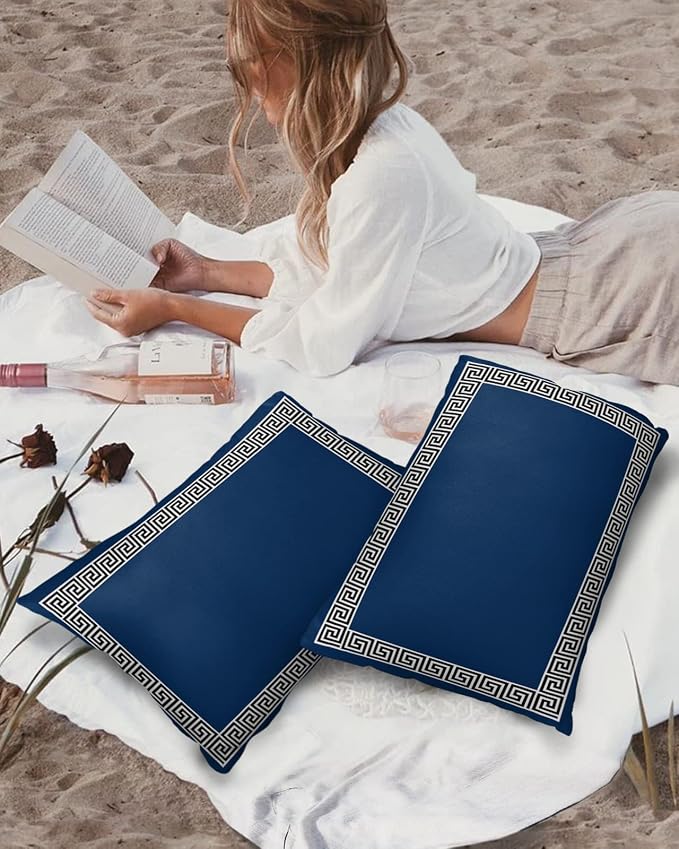 Prime Leader Outdoor Waterproof Pillow Covers Set of 2, Chinese Style Pattern Navy Blue Background Patio Throw Pillow Covers, Decorative Cushion Case for Couch Sofa Furniture Garden, 20x12 Inch