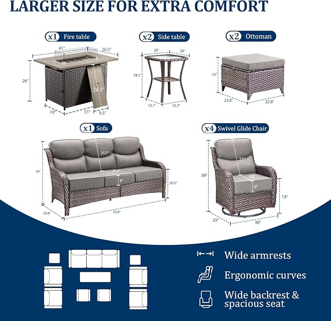 Luxury Swivel Rocker Chairs Fire Pit Set with 6" Thick Cushion 10 piece Wicker Outdoor Patio Chair with Sofa and Ottoman,Comfortable High Back Outdoor Patio Furniture Set - Brown | Gery