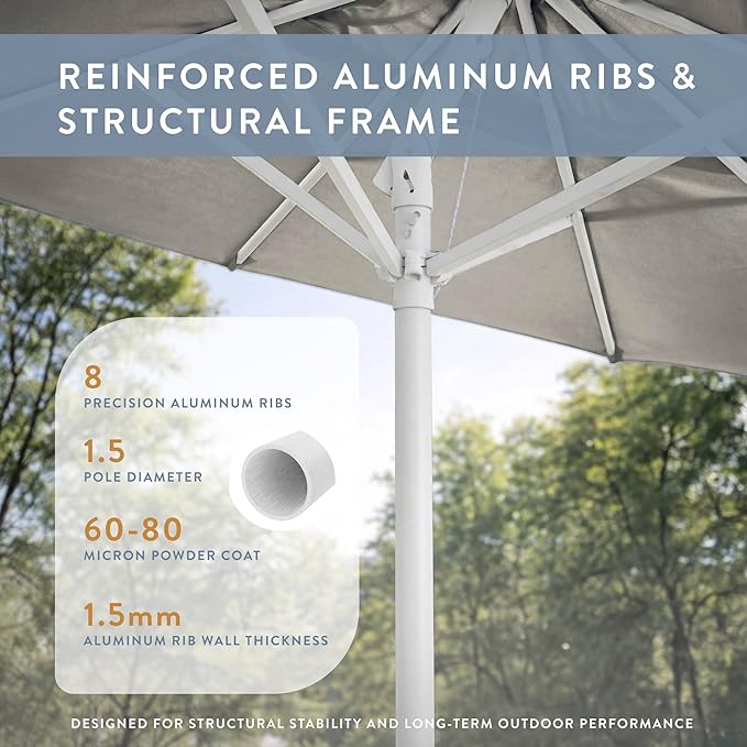 California Umbrella 8-Year Protection 7.5 Ft Outdoor Patio Umbrella, Solstice Fade-Resistant Fabric, Auto-Tilt, Heavy Duty Aluminum Frame, 8 Reinforced Ribs for Pool or Deck, White Pole, Woven Granite