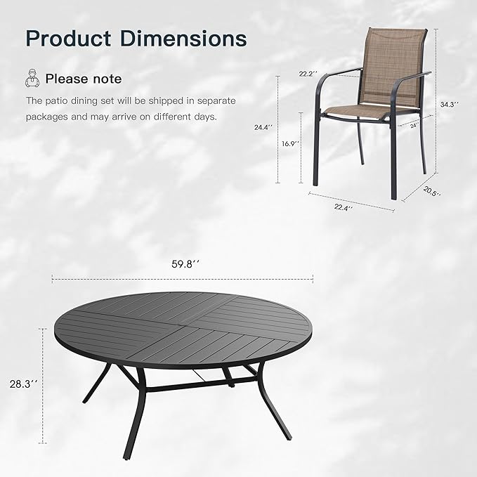 VICLLAX 11 Pieces Patio Outdoor Dining Set, 60" Large Round Metal Table with Umbrella Hole and 10 Stackable Textilene Chairs for Patio, Lawn, Garden, Porch, Black/Brown