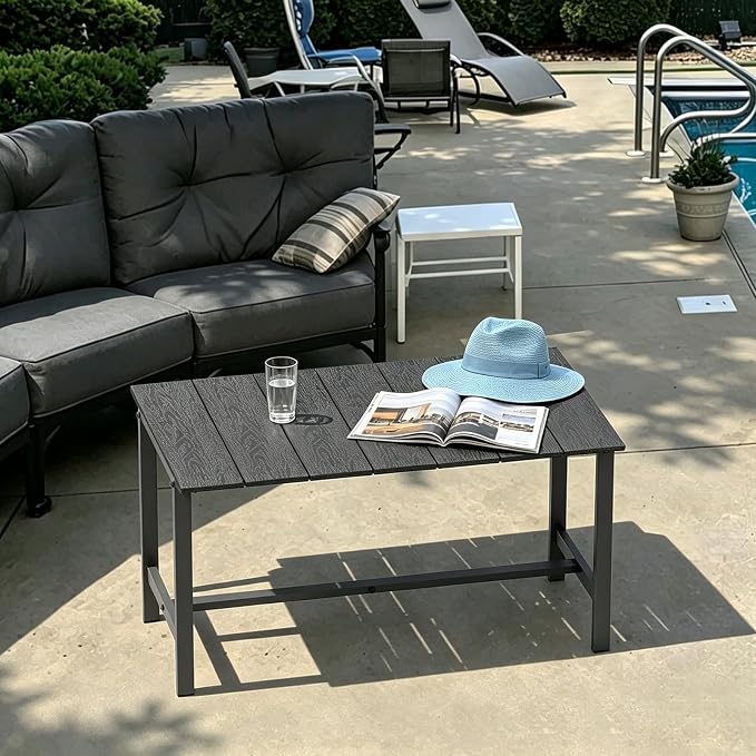 mapleway 33" Outdoor Coffee Table for Patio, Heavy Duty Metal Frame with Wood Slat Top, Weather Resistant Outside Table for Garden Deck Balcony Porch, Easy Assembly, Black