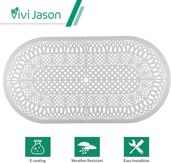 VIVIJASON 9-Piece Outdoor Patio Furniture Dining Set, All-Weather Cast Aluminum Conversation Set, Include 8 Swivel Rocker Dining Chairs and an Oval Table with Umbrella Hole, White/Green Cushion