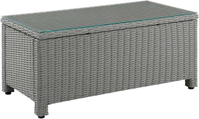 HomeStock Gothic Glamour Outdoor Wicker Coffee Table Gray, Tempered Glass Table Top, Adjustable Levelers on Legs, 17.75" H x 40" L x 21" D