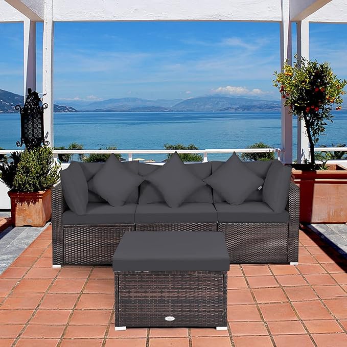 HAPPYGRILL 4PCS Patio Conversation Set Outdoor Wicker Sofa Set, Modern Sectional Couch Set with Washable Cushions & Pillows, All Weather PE Rattan Patio Furniture Set