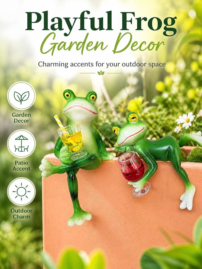 2 PCS Tipsy Frog Pot Hugger, Miniature Resin Figurines Plant Decorations for Pots, Outdoor Garden Decor for Flower Pot Yard Patio Lawn, Planter Hanger Statues, Funny Gifts for Women