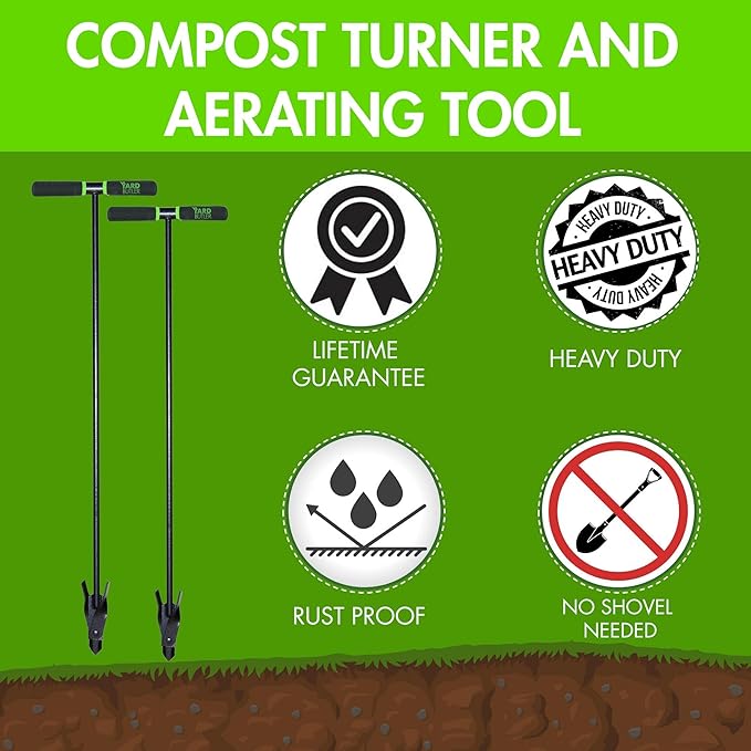 Yard Butler ICA-36 Compost Aerator - Lawn Care Tool for Aerating - Long-Handled - Power-Coated Steel Construction - Comfortable Cushioned Handles Garden Tool - Easy to Use