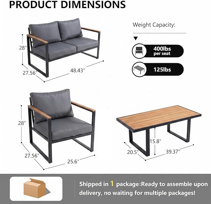 Modern Patio Furniture Set, 4 Pieces Outdoor Conversation Set | Metal Patio Furniture with 4" Washable Foam Cushions, Ships in 1 Box, Gray
