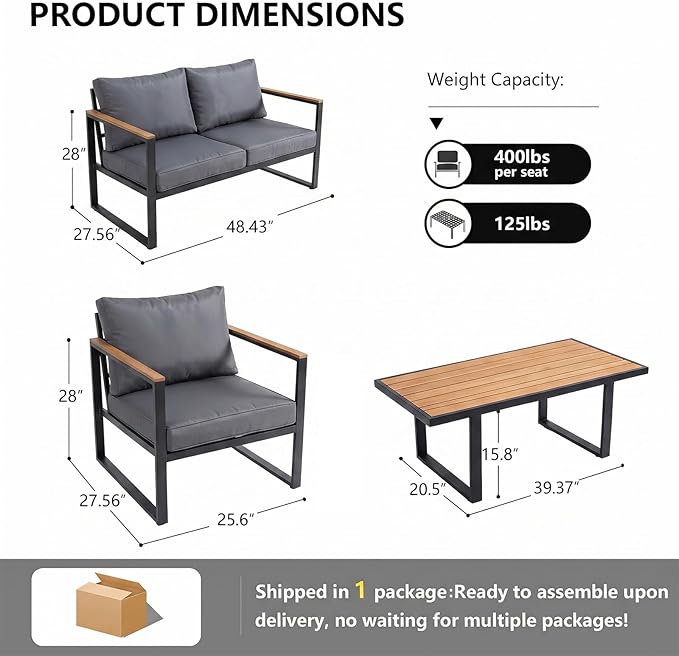 Modern Patio Furniture Set, 4 Pieces Outdoor Conversation Set with Coffee Table, Metal Patio Furniture with 4" Washable Foam Cushions, Ships in 1 Box, Gray