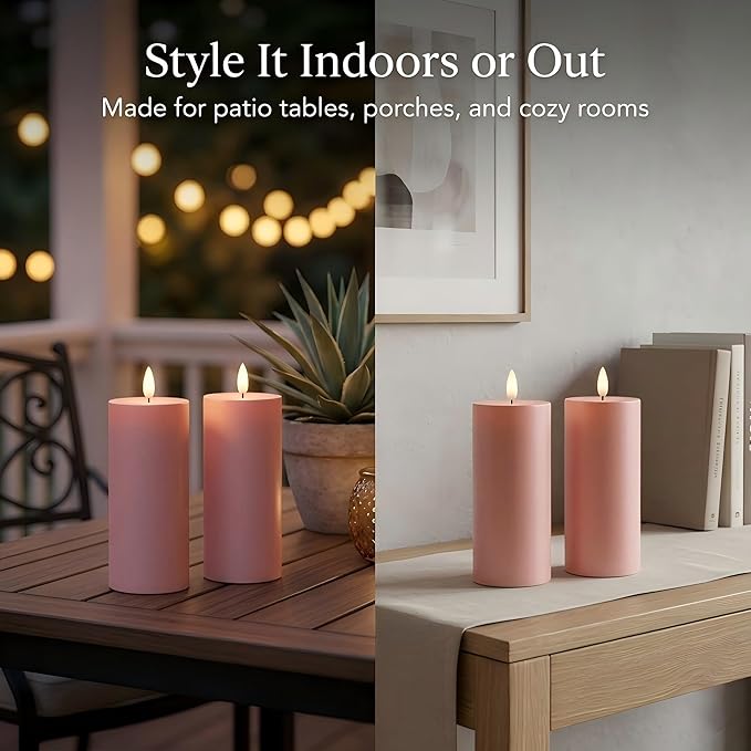 Pink Flameless Pillar Candles 3x8 Set of 2, Outdoor Battery Candles for Room Decor, Weather-Resistant Decorative Candles for Table Centerpiece