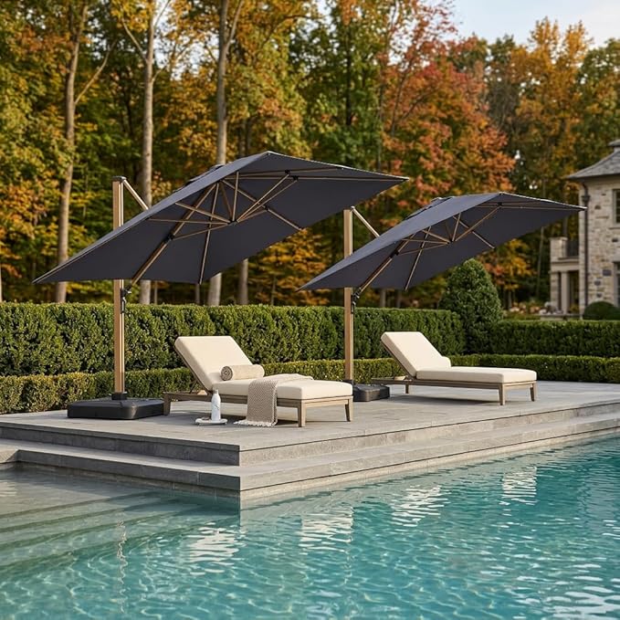 PURPLE LEAF 9FT Patio Umbrella Square Cantilever Umbrella Teak Finished Aluminum Frame Large Windproof Offset Outdoor Sun Umbrellas for Beach Pool Deck, Navy Blue
