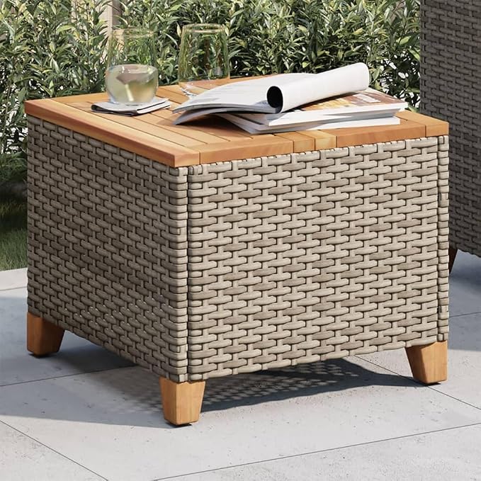 Square Outdoor Side Table, Small Patio Garden Coffee Table with Synthetic Poly Rattan, Compact Accent Table for Balcony Backyard, 17.7 x 17.7 x 14.6 Inches, Gray and Brown