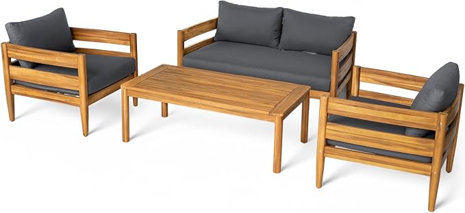 Christopher Knight Home 4-Piece Outdoor Patio Furniture Set, Acacia Wood Conversation Set with Loveseat Coffee Table and 2 Single Chairs Cushions, Slatted Backyard Garden Seating Set, Dark Gray