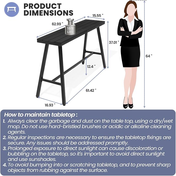 Crestlive Products Outdoor Bar Table, Patio Pub Table, 63'' Patio Bar Height Table with Weather Resistant Waterproof Top for Balcony, Bistro, Garden, Backyard, Poolside, Indoor (Black)