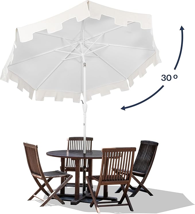 JONATHAN Y Baiona 9 ft. White/Cream Outdoor Patio Umbrella with Crank Lift and Tilt, 8 Ribs UV-Resistant Market Table Umbrella with Square Trim for Pool, Deck, Coastal, White Pole UMB1000B