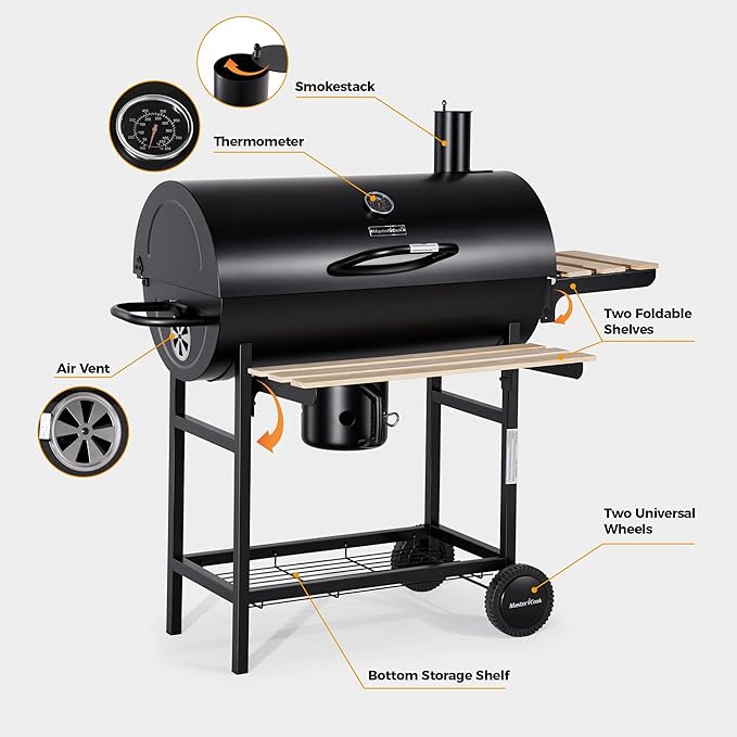 MASTER COOK Barrel Charcoal Grill with Foldable Front Wood Shelf, 686 Sq.in. Cooking Area Outdoor bbq Grill, Thermometer and Adjustable Air Vents for Backyard, Patio, Parties, Tailgating, Black