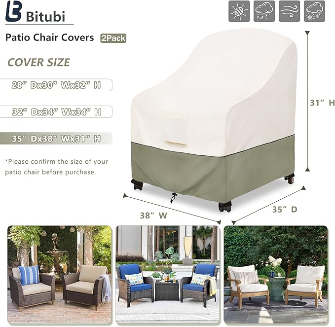 Bitubi Waterproof Patio Chair Covers, Lounge Deep Seat Cover Fits Up to 35W x 38D x 31H inch, Heavy Duty Outdoor Lawn Patio Furniture Cover (2 Pack, Beige)