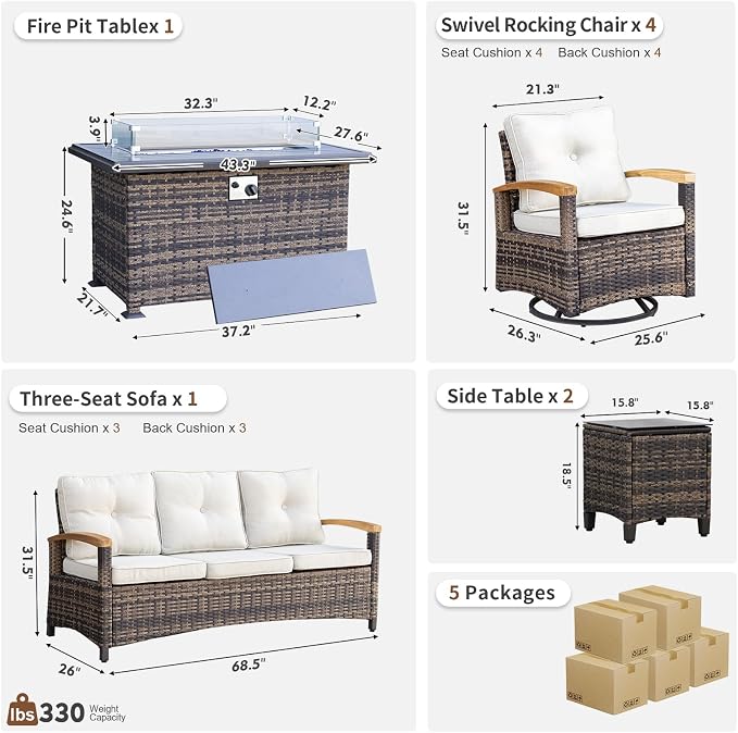 MEISSALIVVE 8 Pieces Patio Furniture Sets with Fire Pit Table, Wicker Outdoor Conversation Sets with 2 Swivel Rocker Chairs, 3-seat Sofa and Side Table(Beige)