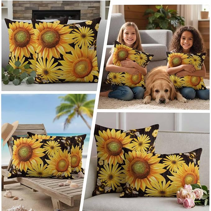 Outdoor Throw Pillow Covers,Yellow Sunflower Daisy Flower Waterproof Decorative Pillowcases Cushion Cover Spring Rustic Floral Bee Black Pillow Cases for Patio Couch Sofa Bed,26x26in Set of 2