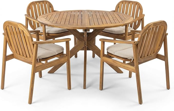 Christopher Knight Home Meja Acacia Wood Patio Dining Set for 4, Solid Wood Outdoor Dining Table Set for 4, Round Dining Table and Chairs Set of 4 with Cushion, Teak+Beige