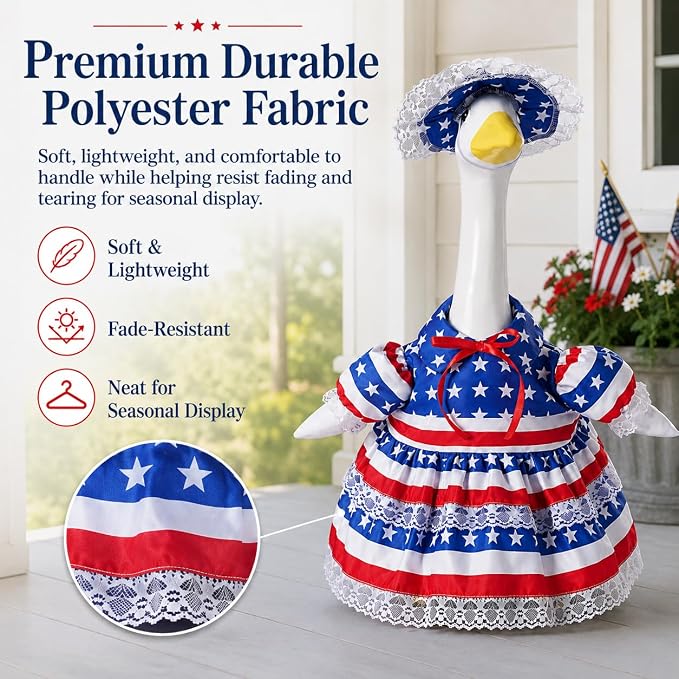 4th of July Porch Goose Outfit for 23 Inch Goose Statue, Patriotic Red White and Blue Porch Goose Dress with Lace Bonnet, Summer Sculpture Clothes for Independence Day Garden Patio Decor