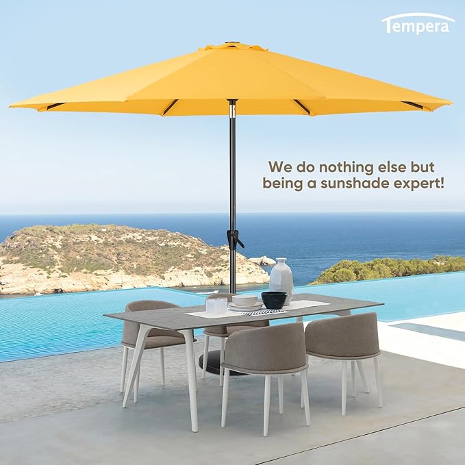 Tempera Patio Market Outdoor Table Umbrella with Auto Tilt and Crank, Large Sun Umbrella with Sturdy Pole & Fade Resistant Canopy, Easy to Set