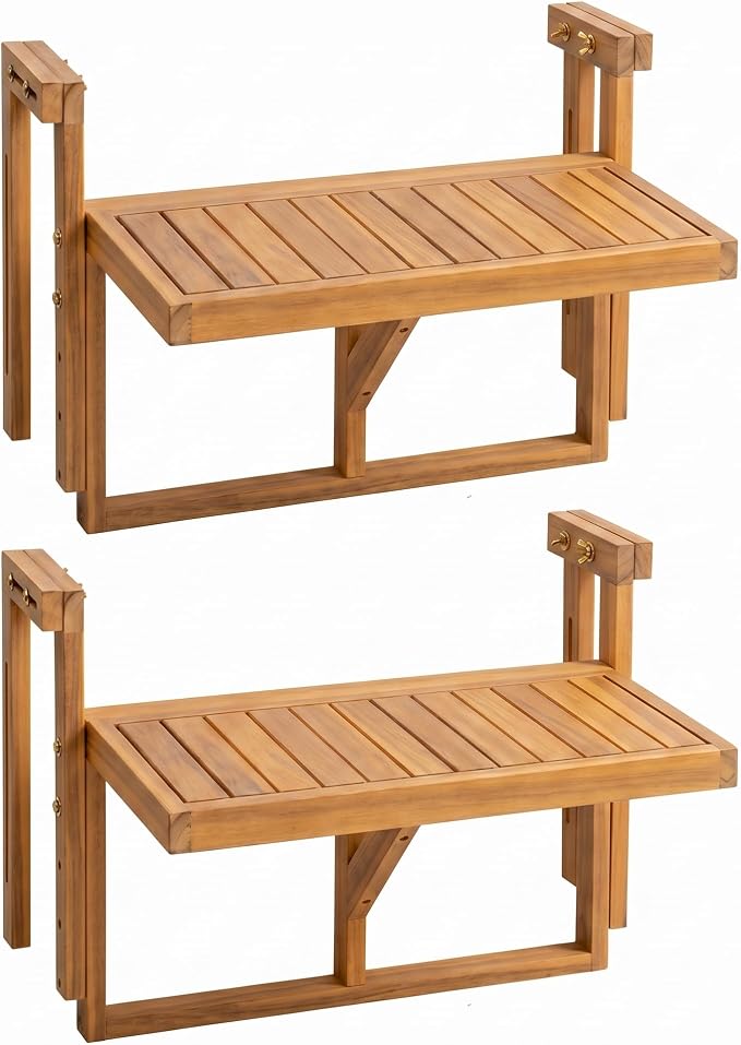 Acacia Wood Balcony Hanging Table – Stable Fixed Outdoor Railing Table – Weather-Resistant White Finish – Adjustable Mounting for Small Balcony, Patio, and Porch (Natural Wood - 2pcs)