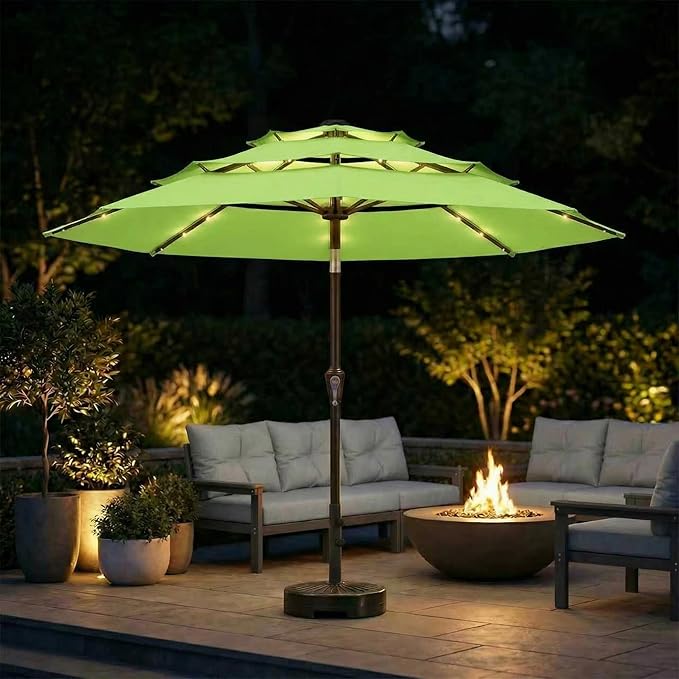 10ft 3-Tier Patio Umbrella with 32 Solar Powered LED Lights, Windproof Outdoor Market Umbrella for Deck, Poolside & Garden, Sturdy Push-Button Tilt Table Umbrella, Apple Green