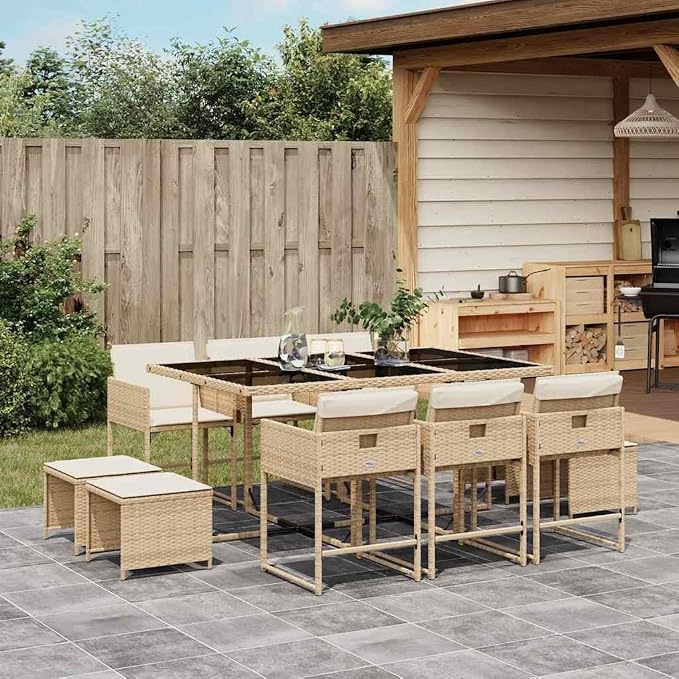 11 Piece Patio Dining Set with Cushions Beige Poly Rattan Outdoor Furniture Table and 6 Chairs with 4 Stools Foldable Space Saving for Garden Backyard Relaxing