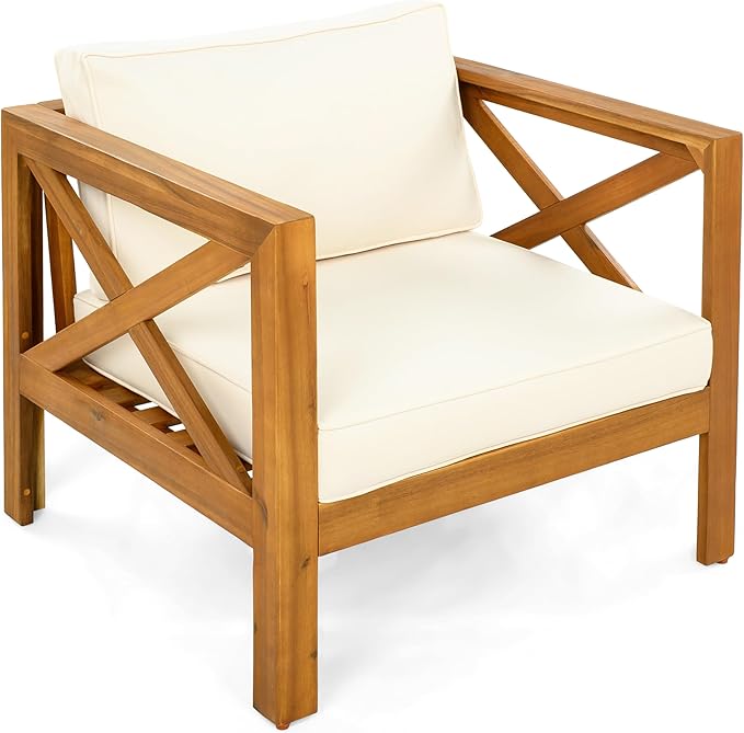 Christopher Knight Home Lucy Acacia Wood Outdoor Patio Furniture Set, 3 Pieces Patio Set, Round Side Table and ArmChairs Conversation Set with Cushion for Garden Lawn Balcony, Beige + Light Teak