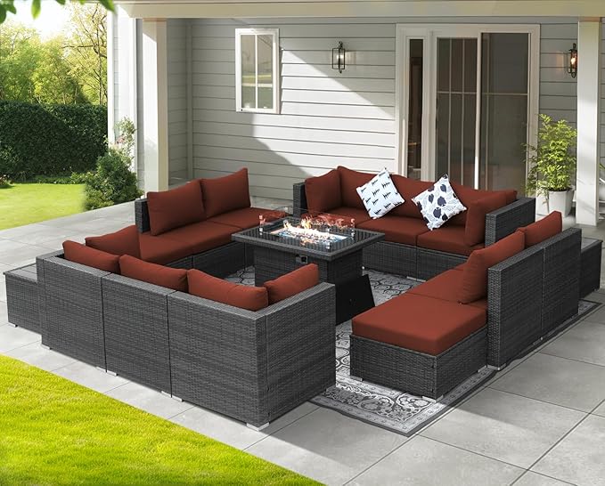NICESOUL 15 Piece Outdoor Sectional with Fire Pit Table, Modern Luxury Patio Deep Seating w/Firepit, 29.3'' High-Back Wicker Couch Thick, Big High-Weight Capacity Sofa for Terrace, Yard, Gray & Red
