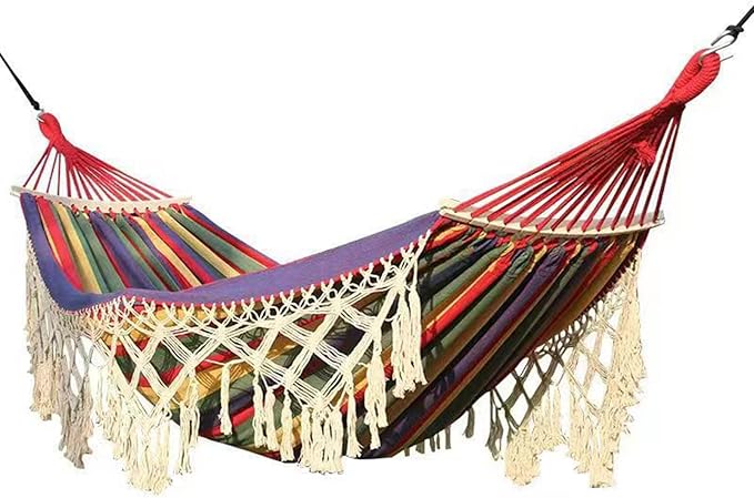 Backyard Hanging Hammock with Tassels, 500lb Load Capacity, Single Double Size 102x59in - Lightweight Foldable Outdoor Cotton - Polyester Blend for Garden, Patio, Camping Relaxat (Red)