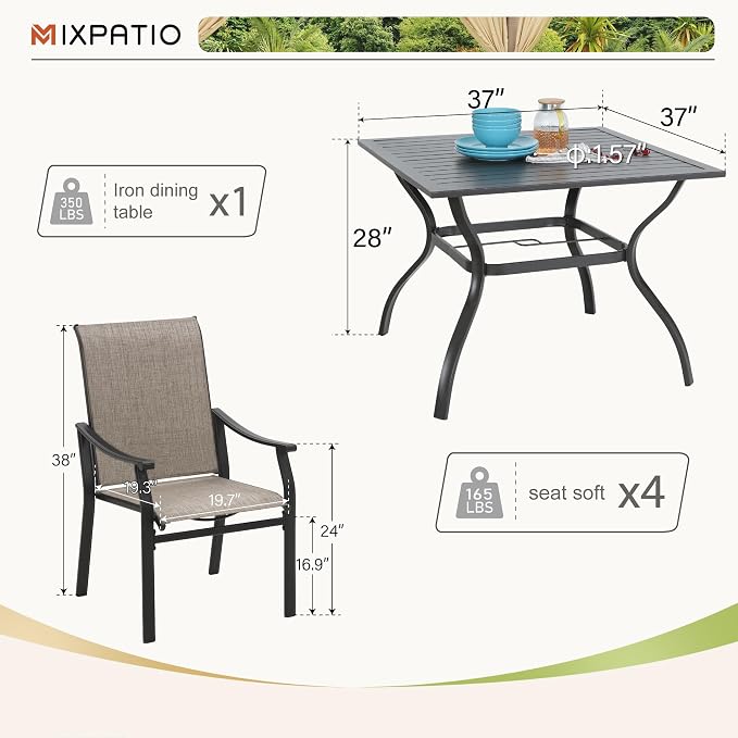 MIXPATIO 5 Pieces Patio Dining Set, 4 Person 37" Square Black Table and Textilene Chairs, with 1.57" Umbrella Hole, Outdoor Patio Table and Chairs, for Garden Lawn Porch Backyard Poolside