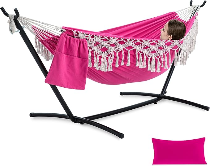 PNAEUT Handmade Tassel Hammocks, Double Hammock with Stand for Outside, Max 450 lbs Capacity, Pillow & Storage Bag Included (Pink)