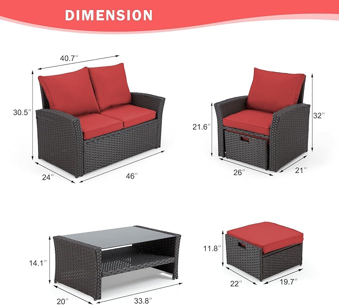 HOMREST 6 Piece Patio Conversation Set, Outdoor Sectional Conversation Rattan Sofa Set with Ottoman and Outdoor Storage Table for Garden, Porch, Backyard (Burgundy)