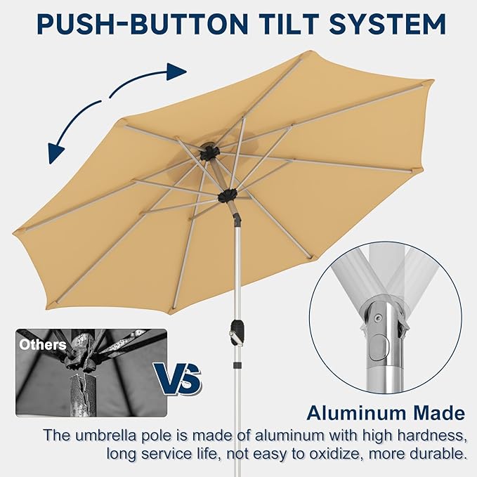 9FT Aluminum Outdoor Patio Umbrella, Fade-Resistant Market Umbrella with Push Button Tilt Function, 8 Sturdy All-Aluminum Ribs for Gardens, Patios, Backyards & Pools