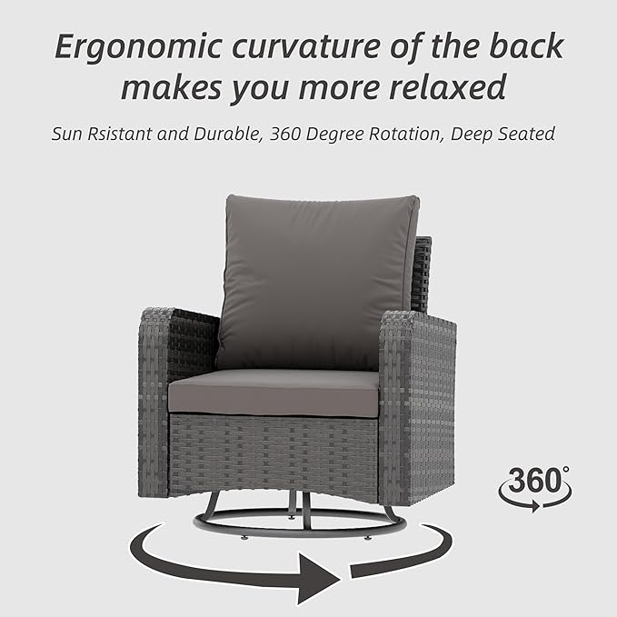 HOMREST 6 Piece Patio Conversation Sets with Loveseat, Rattan Wicker Swivel Chairs with 2 Ottoman, Coffee Table & Cushions, Outdoor Furniture Sets for Garden, Poolside, Backyard (Grey)
