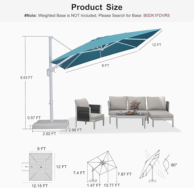 PURPLE LEAF 9' X 12' Right-left Tilt Patio Umbrella Swivel White Cantilever Umbrella with Tilt Aluminum Outdoor Umbrella with 360° Rotation for Deck Pool Garden, Turquoise