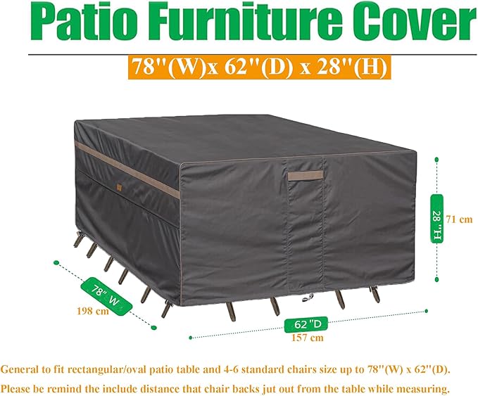 Heavy Duty Waterproof Patio Furniture Covers UV Resistant Rectangular Outdoor Table and Chair Covers 78" Wx 62" D x 28" H Dark Grey